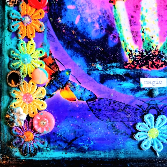 Mushroom & Moth Inspire Magic Original Mixed Media Collage Kitdchy Painting - Picture 4 of 6